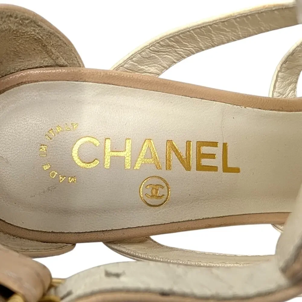 Chanel Gladiator Caged Block Heel Sandal Black Beige Cream Gold CC Logo 38.5 | 8
